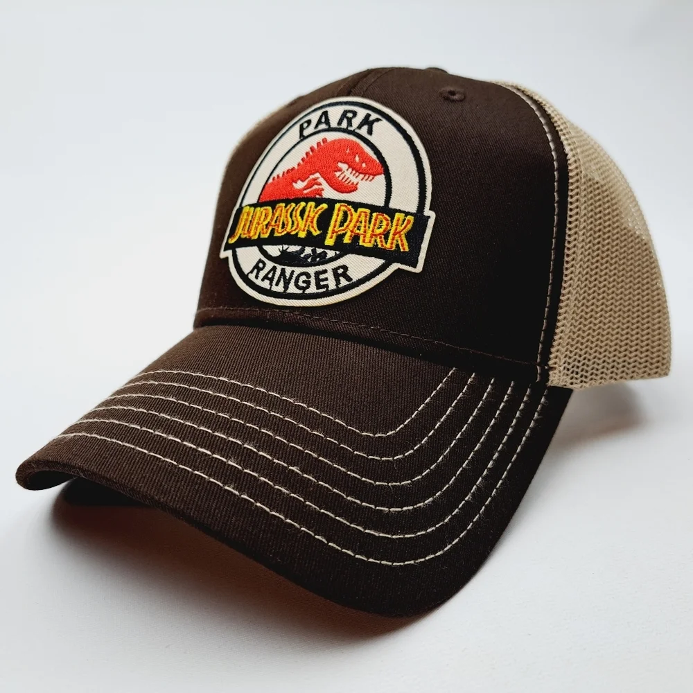 Jurassic Park Ranger Embroidered Patch Trucker Mesh Snapback Cap Hat Brown
